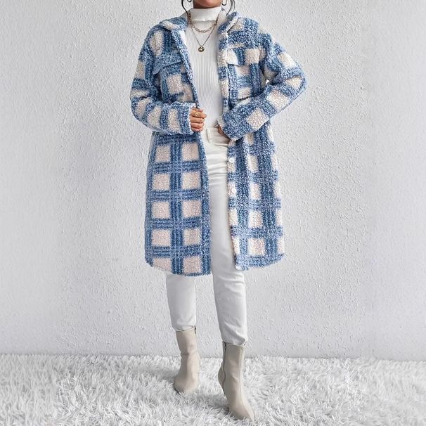 Women's Autumn/Winter Flap Pocket Plaid Coat Thick Mid-Length Outerwear Blue And White Checkered Design_ecoleips.com