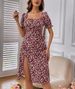 Women's Spring/Summer Puff Sleeve Slit Midi Dress French Square Neck Daisy Floral Print Bohemian Style Casual Dress_ecoleips.com