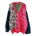 Statement Patchwork Cardigan – Oversized Knit Sweater With Denim Sleeves & Leopard Print | 4 Bold Colors (One Size)_ecoleips.com