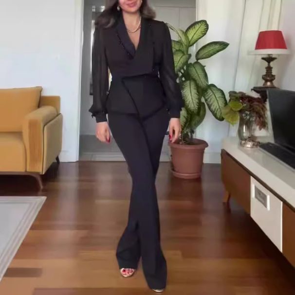 Women's Casual Chiffon Patchwork Small Blazer Straight Pants Suit For Women_ecoleips.com