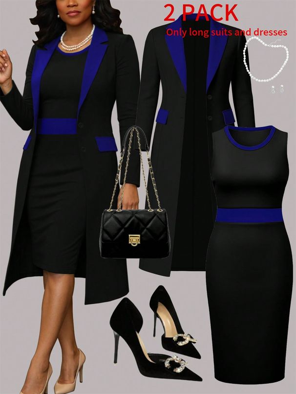 Elegant Stylish Color Blocked Long Sleeved Cardigan Plus Size Women's Clothing Fitted Midi Sleeveless Dress_ecoleips.com