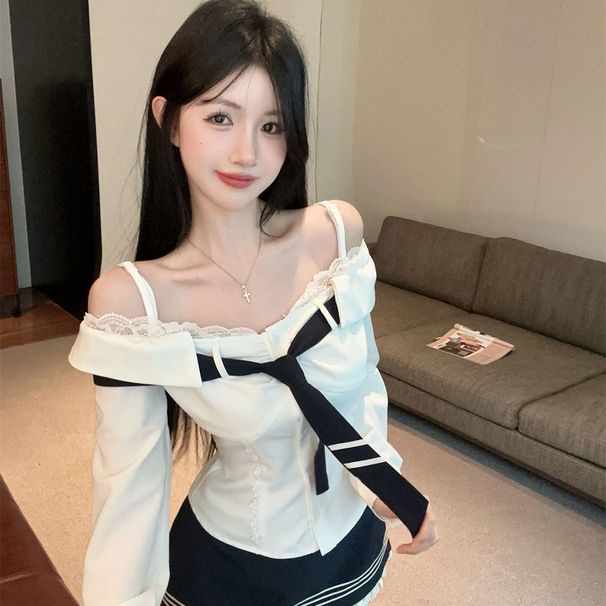2025 Autumn New Pure Desire Long-Sleeve Shirt Women, Stylish Strapless Off-Shoulder Tie Blouse, Trendy Top For Hot Girls_ecoleips.com