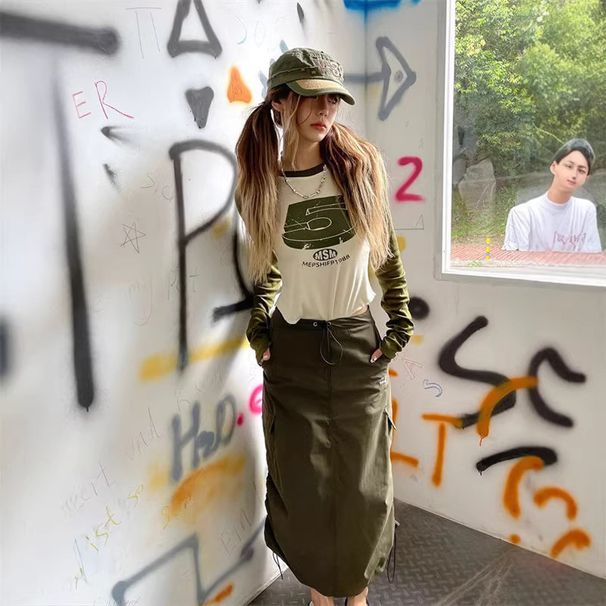 Women's American Style Sweet Sexy Raglan Sleeve Long T-Shirt Letter Print Short Slimming Simple Top_ecoleips.com