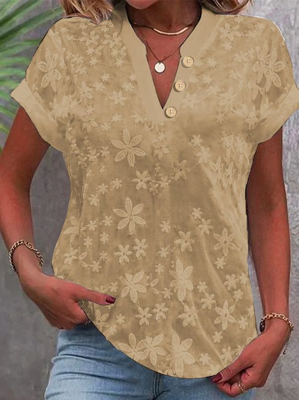 Women's Clothing Summer Casual Solid Color V Neck Short Sleeve Shirt High-Quality Materia_ecoleips.com
