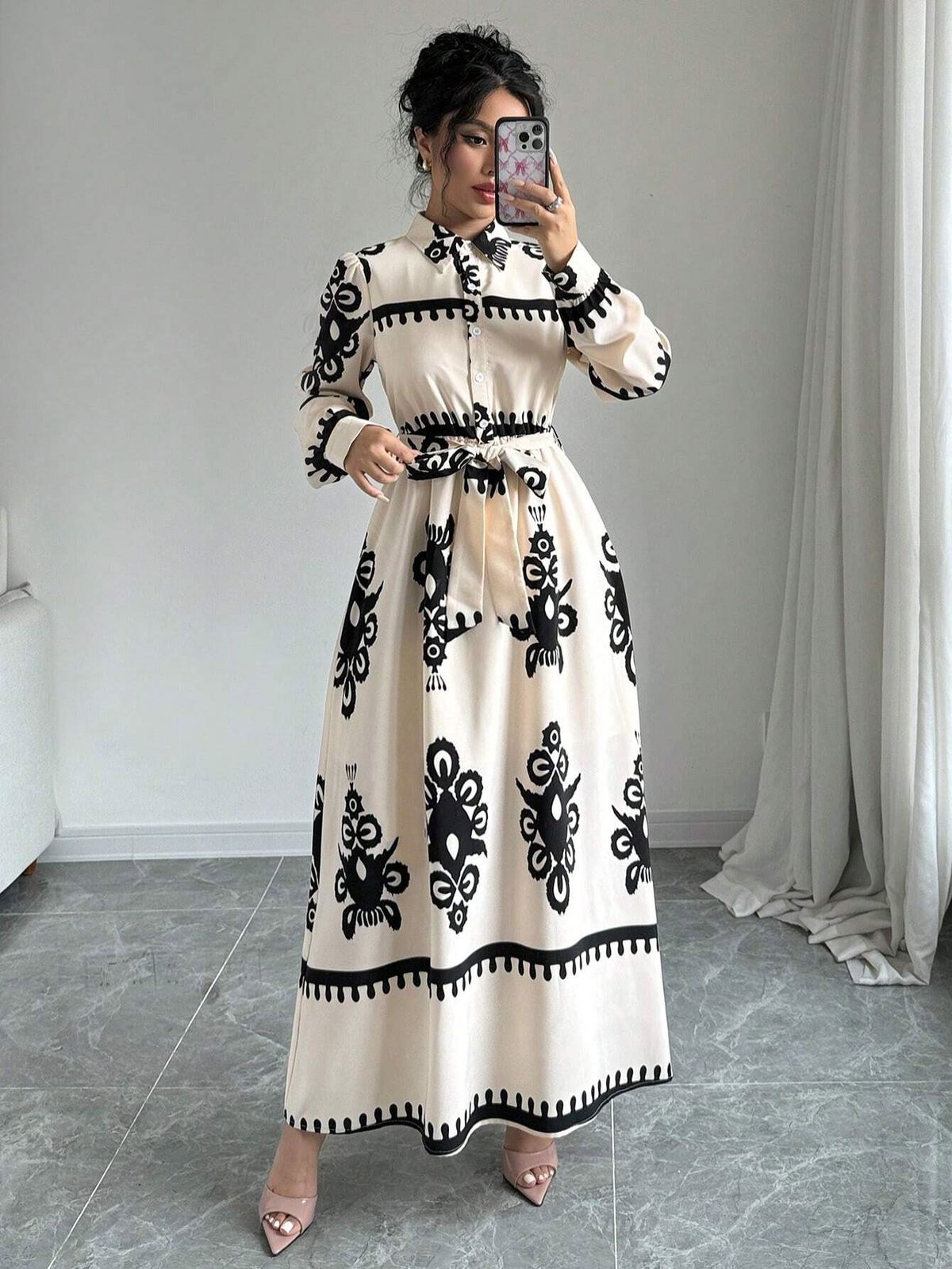 Women's Print Shirt Dress Long Sleeve Office Work Dress With Waist Tie_ecoleips.com