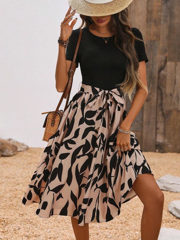 Elegant Women's Patchwork Dress Printed Short Sleeve 2026 Summer New Arrival And Platforms In Europe And America_ecoleips.com
