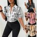 Fashion Newspaper Printed Single Breasted V Neck Shirt Women's Shirt_ecoleips.com