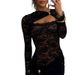 Women's Sexy Lace Long Sleeve Bodycon Dress, Hollow-Out Waist-Cinching Mini Dress, Black, S-L, Polyester, Sultry & Stylish_ecoleips.com