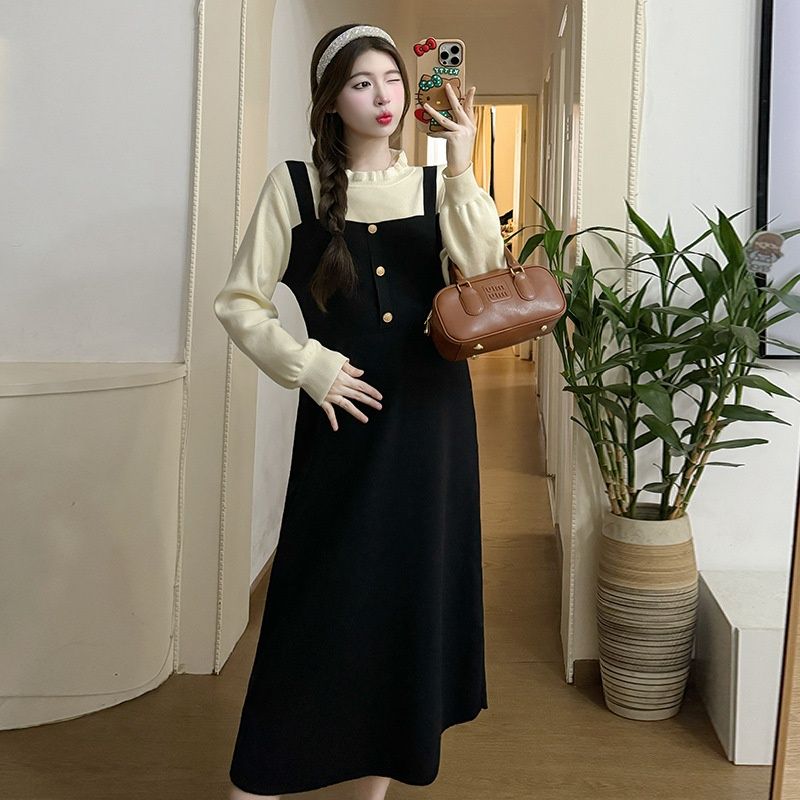 Real Shot In Stock New Large Size Spring And Autumn Two-Piece Color-Block Slimming Gentle Style Dress_ecoleips.com