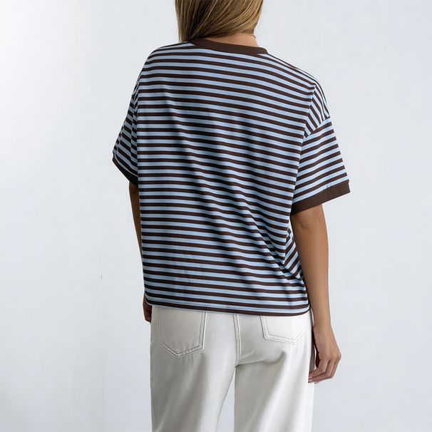Diyun European And American Vacation Casual Style Simple Striped Short-Sleeve T-Shirt Women's Clothing 2026 Summer_ecoleips.com