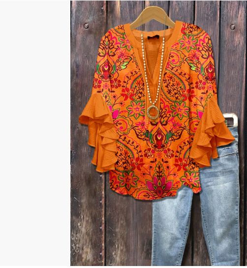 Women's Clothing Women's Floral Print Digital Casual V Neck T-Shirt Trendy Lotus Trim Creative Top For Ladies_ecoleips.com