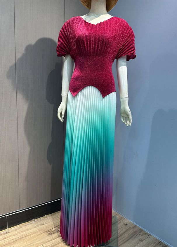 New Pleated Fluorescent Gradient Fashion Suit For Women, Elegant Slim Fit Plus Size Two-Piece Set With High-End Feel_ecoleips.com