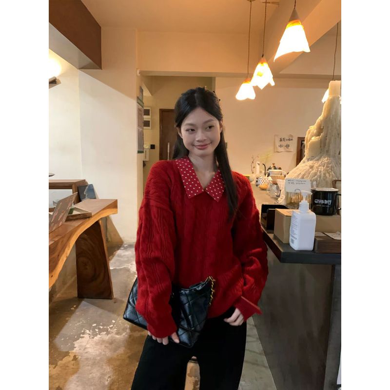 Korean-Inspired Faux Two-Piece Winter Christmas Outfit For Women: Relaxed Knit Top With Polo Collar_ecoleips.com