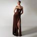 Women's Clothing Style Sexy Slim Fit Long Beach Dress Backless Coffee Color Ruffled Ribbon Detail For Formal & Casual For Women_ecoleips.com