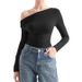 Women's Slim Fit Base Layer Top Long Sleeved Asymmetrical Neck Milk Silk T-Shirt Sexy Off-Shoulder_ecoleips.com