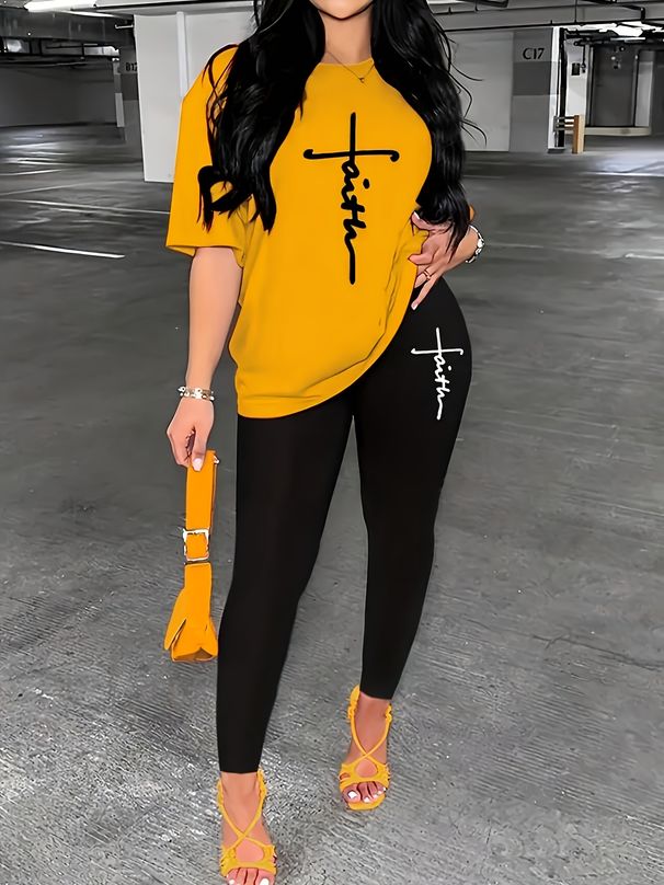 Women's Sports Outfit Set, Plus Size Abstract Figure Print Long Sleeve T-shirt Top & Medium Stretch Comfy Pants Fitness Outfit_ecoleips.com