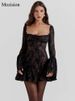 Mozision Elegant Backless Long Flare Sleeve Print Mini Dress Women Fashion Square Collar A-line Pleated Club Party Sexy Dress_ecoleips.com