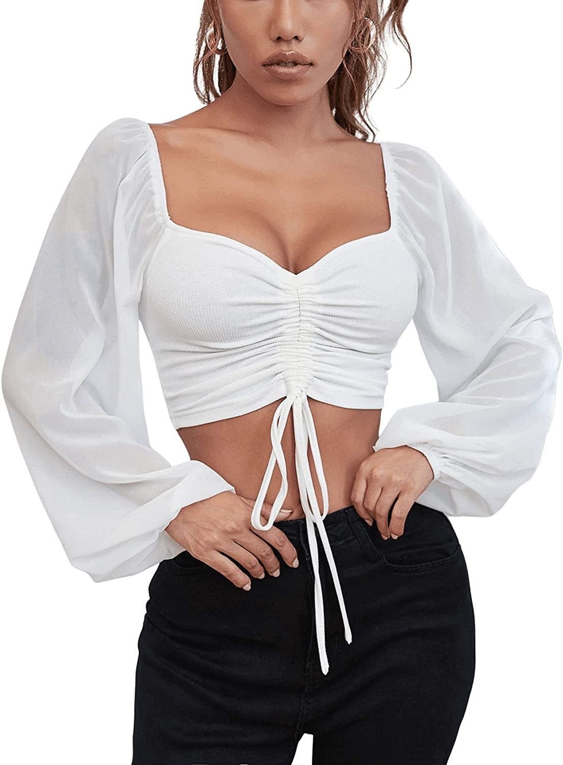 K Female Low-cut Sexy V-neck Splicing Chiffon Drawstring Puffy Sleeve Slimming Top. No Bags, Necklaces, Or Other Accessories._ecoleips.com