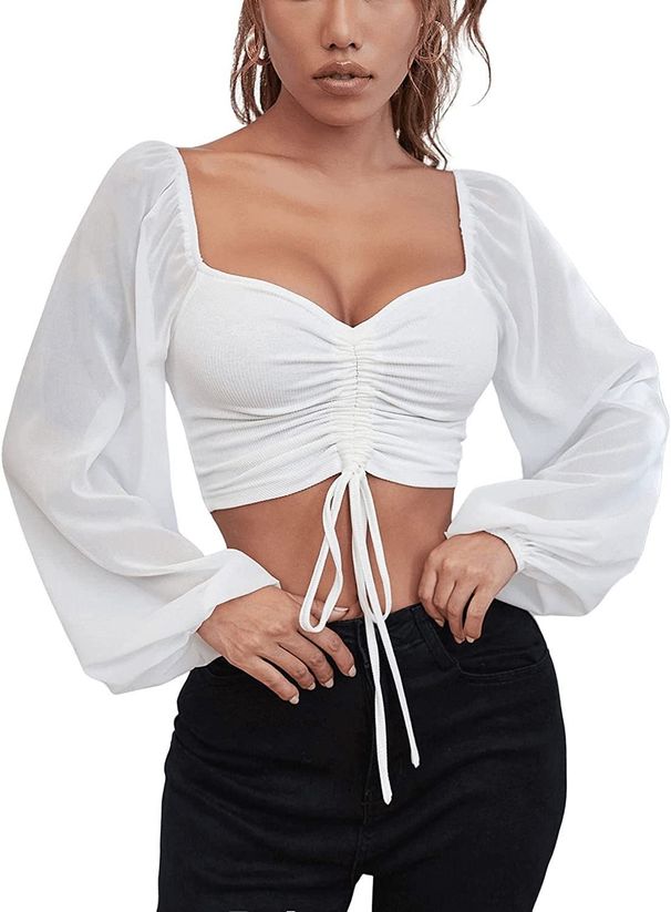 K Female Low-cut Sexy V-neck Splicing Chiffon Drawstring Puffy Sleeve Slimming Top. No Bags, Necklaces, Or Other Accessories._ecoleips.com