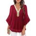 2026 European And American Fashion Casual Deep V-Neck Color-Block Three-Quarter Bell Sleeve Sequin_ecoleips.com