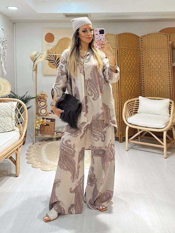 Oversized Printed Lounge Set – Flowy Drawstring Pants & Long-Sleeve Top With Botanical Motifs (M-Xxxl, Grey/Blue/Green/Red)_ecoleips.com
