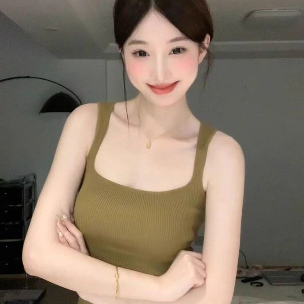 Trendy Square-Neck Elegant Knitted Camisole Women, Summer Sleeveless Top Concealing Side Breasts, Slim Fit, Suitable For_ecoleips.com