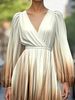 Freeacy 2025 Summer Women's Midi Dress V-neck Puff Sleeves High Waist Pleated Evening Dress Elegant Gradient Party Dress_ecoleips.com