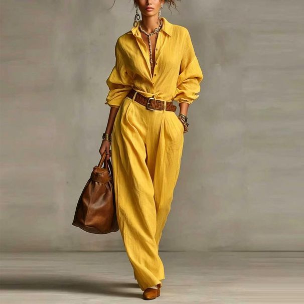 Women's Solid Color Long Sleeved Shirt With Pocket Button Decorated Two Piece Set_ecoleips.com