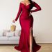 Women's Elegant Evening Gown Long Sleeve Solid Color V‑Neck With High Slit For Nightclub Autumn Winter Wear_ecoleips.com