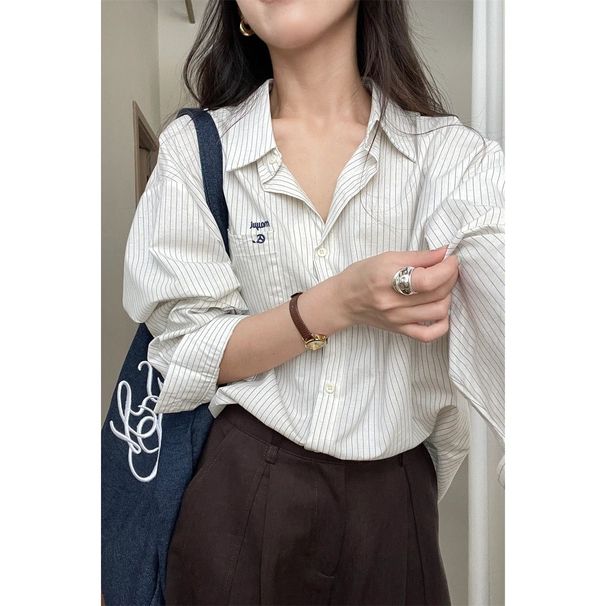 Casual Style Simple Striped Long-sleeve Shirt Women, 2025 Autumn New Model, Loose Fit, Slimming, Versatile For Commuting_ecoleips.com