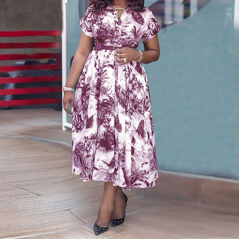 Women's Clothing Large Size Women's Printed Stand Collar Belt Dress_ecoleips.com