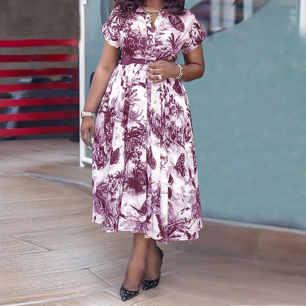 Women's Clothing Large Size Women's Printed Stand Collar Belt Dress_ecoleips.com