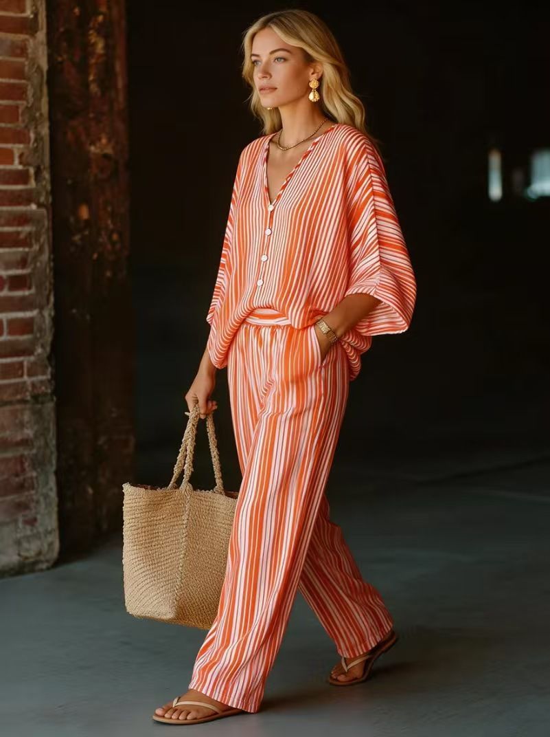 New 3D Striped V Neck Wide Leg Pants Set for Women Fashionable Casual Two Piece Set Cross Border Style for Vacation_ecoleips.com
