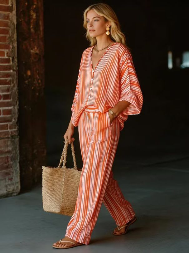 New 3D Striped V Neck Wide Leg Pants Set for Women Fashionable Casual Two Piece Set Cross Border Style for Vacation_ecoleips.com
