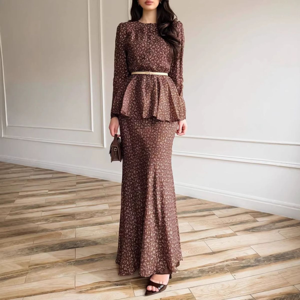 Women's Casual Fashion Bodycon Skirt Set round Neck Belt Long Sleeve Top Two Pieces Cross Border European American Style_ecoleips.com