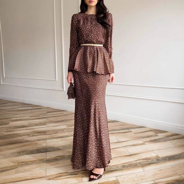 Women's Casual Fashion Bodycon Skirt Set round Neck Belt Long Sleeve Top Two Pieces Cross Border European American Style_ecoleips.com