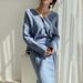 Women's Clothing elegant V-neck linen pattern knitted cardigan sweater + high waist sheath skirt_ecoleips.com