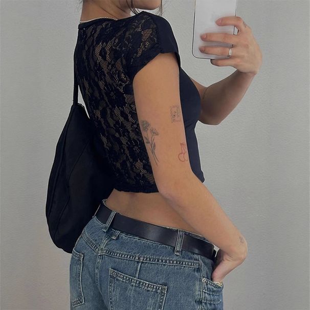 Y2K Women's round Neck Cropped Top Slim Fit Short Sleeve Printed Backless Sexy European And American Style Wholesale_ecoleips.com