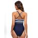 Women's Clothing Sexy Color Matching Swimsuit Sling Backless One Piece Swimsuit Deep V Striped Swimsuit_ecoleips.com