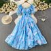Women's French Style Chiffon Printed Dress Square Neck Puff Sleeve Ruffles Slimming And Flattering for Vacation_ecoleips.com