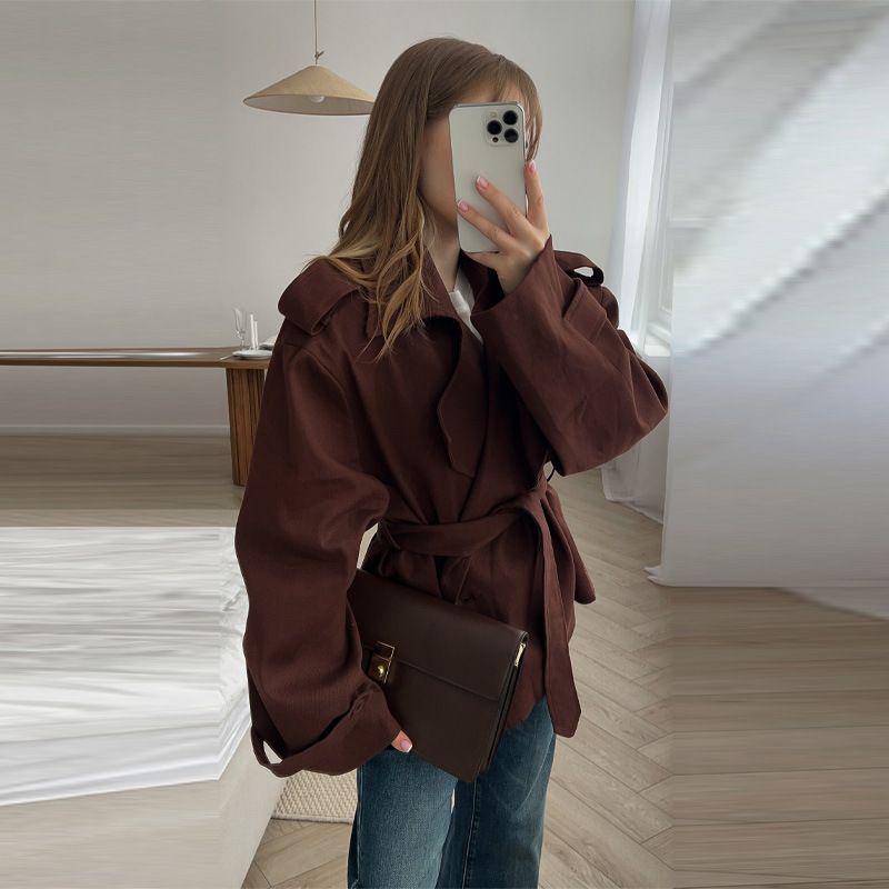Women's Clothing Elegant Belted Short Trench Coat Solid Color Fashion For Commuting Spring Autumn_ecoleips.com