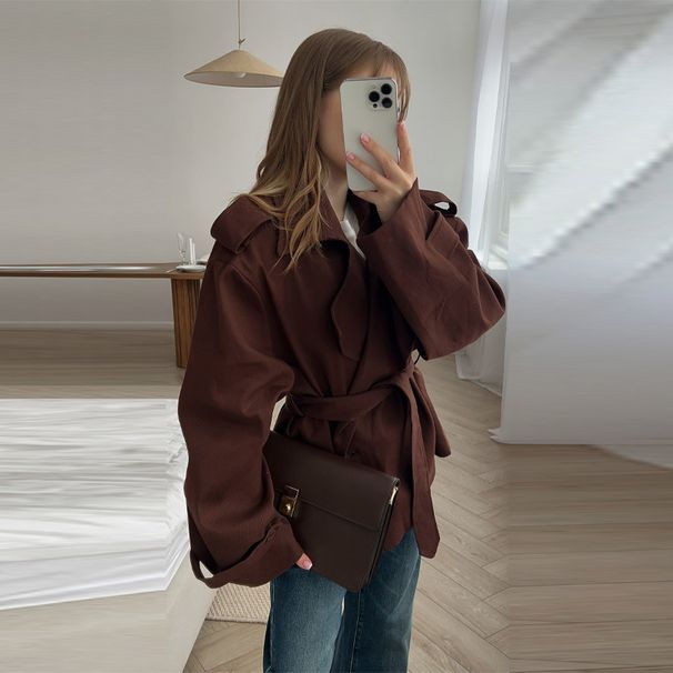 Women's Clothing Elegant Belted Short Trench Coat Solid Color Fashion For Commuting Spring Autumn_ecoleips.com