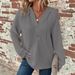 Women's Hooded V-Neck Long Sleeve Waffle Knit Pullover Sweatshirt Casual Sports Drawstring Button Detail Elegant Fashion Polyester_ecoleips.com