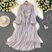 Korean Style Beaded Lantern Sleeve Stand up Collar Dress Waist Cinching a Line Glossy Beach Vacation Dress_ecoleips.com
