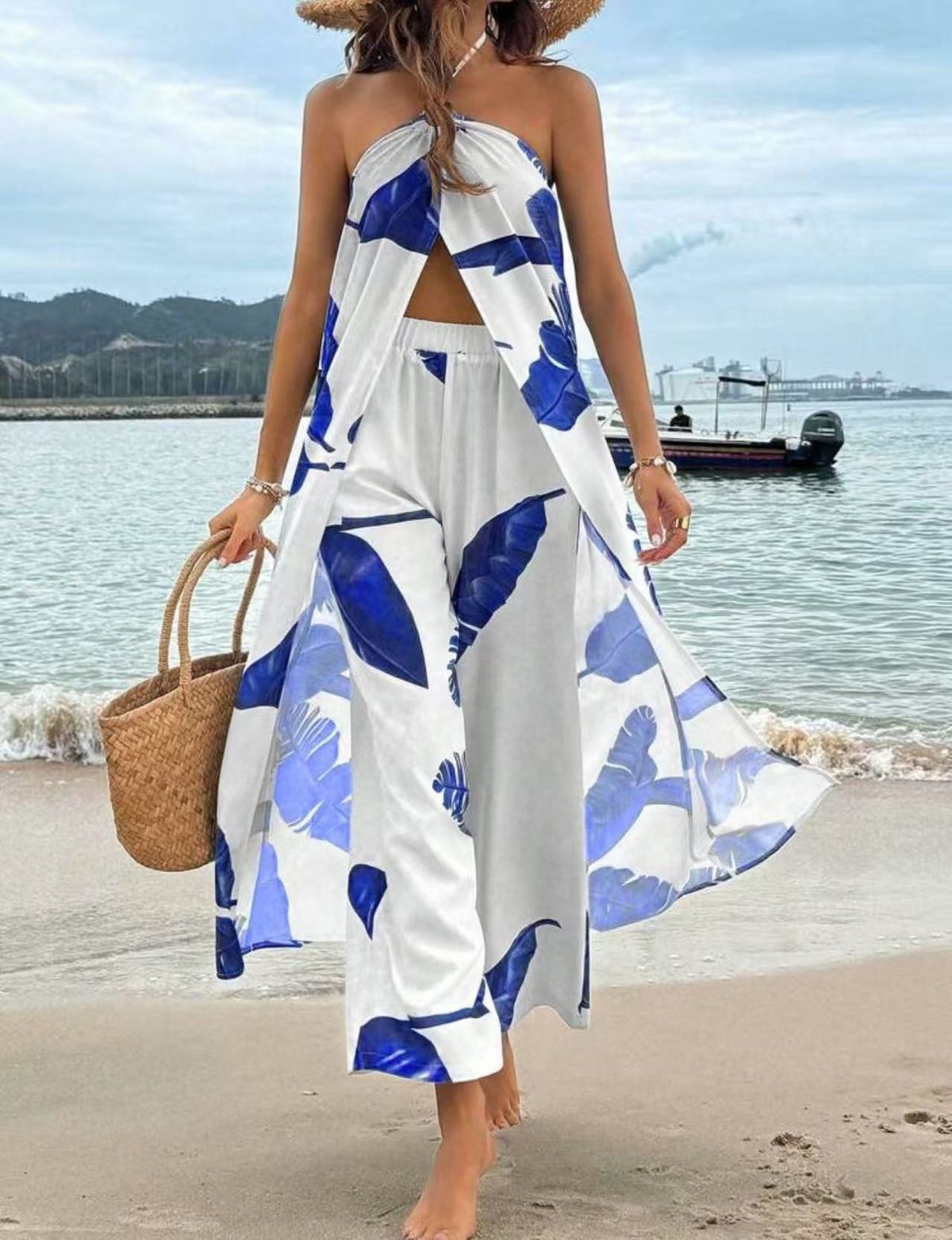 Women's Clothing Printed Sexy Long Halter Neck Top Suit Casual Straight Pants_ecoleips.com