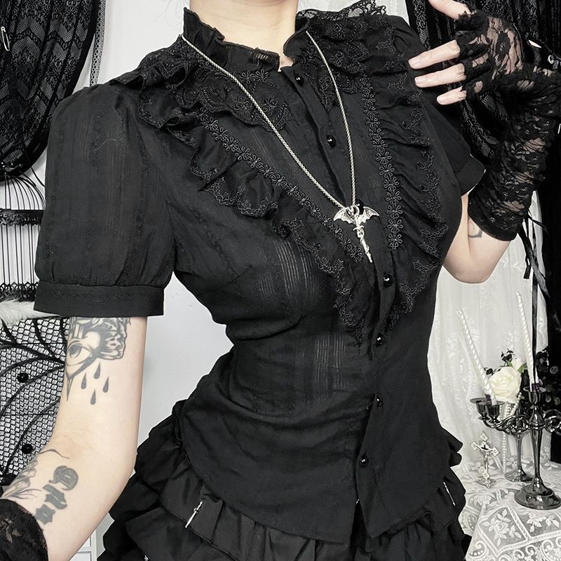 Dark Gothic Ruffled Lace Jacquard Textured Shirt Stand Collar Slimming Waist Hot Girl New Stand Collar_ecoleips.com