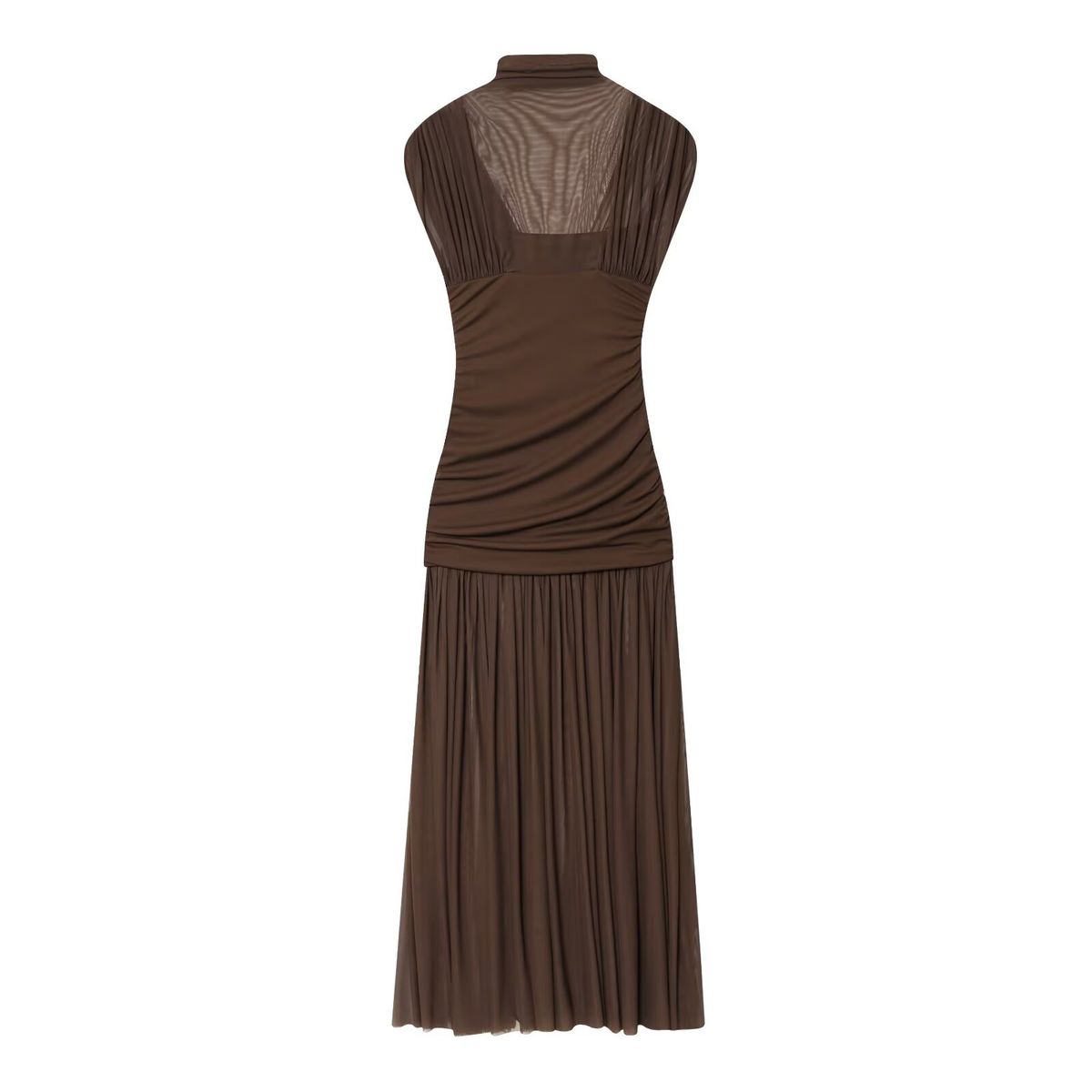 Women's Clothing Elegant Pleated Patchwork Midi Dress Spring Long Sleeveless Stand Collar_ecoleips.com