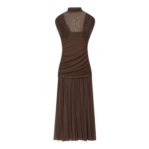 Women's Clothing Elegant Pleated Patchwork Midi Dress Spring Long Sleeveless Stand Collar_ecoleips.com