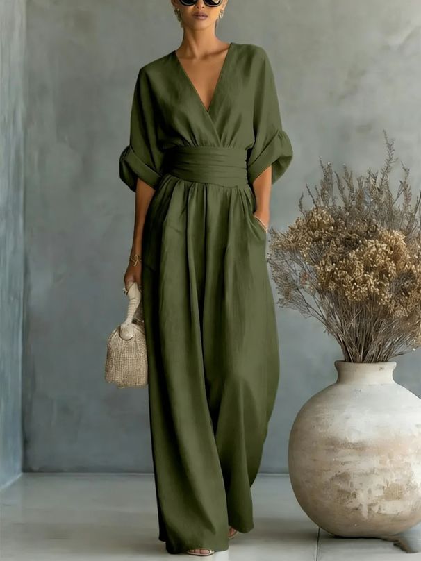 Elegant V-Neck Jumpsuit – Flowy Wide-Leg Romper With Waist Tie (S-5xl, 12 Colors) Breathable & Lightweight_ecoleips.com