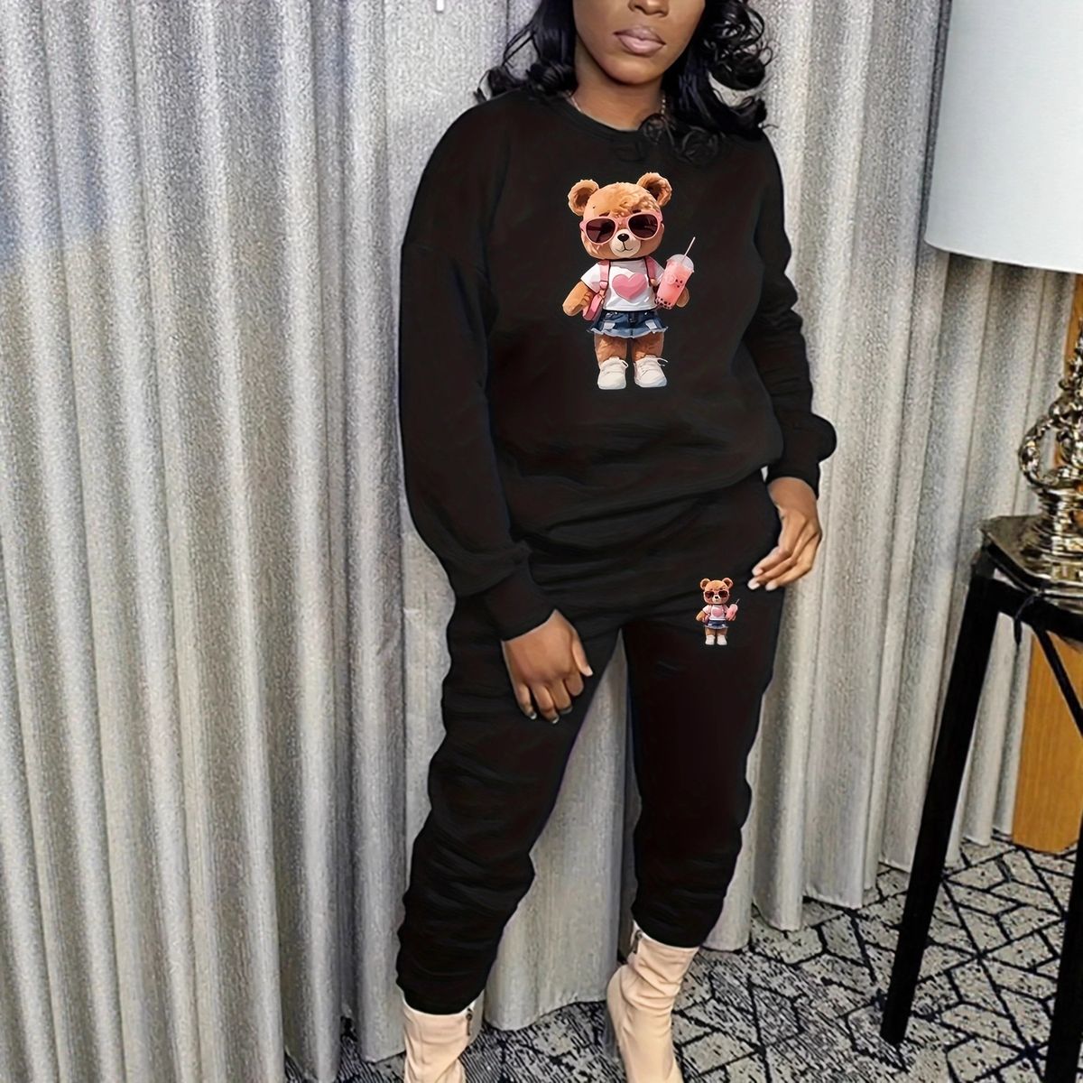 Women's Fleece Lined Two Piece Set Casual Round Neck Printed Sweatshirt Outfit Style_ecoleips.com